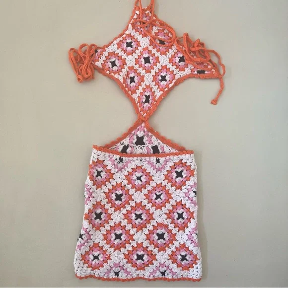 Bershka Orange White Pink Black Crochet Cutout Dress K-14 - Picture 8 of 13